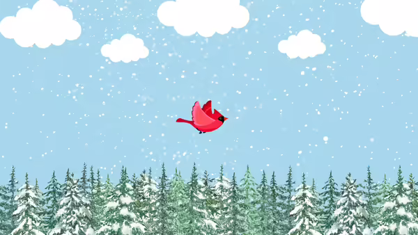 A red bird flying over a forest through falling snow.