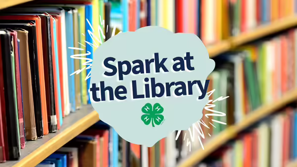 Books lined on shelves with text "spark at the library" and the 4-H clover logo