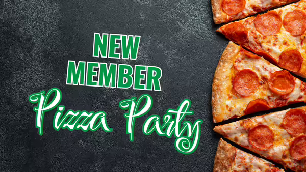 New member pizza party title with slices of pepperoni pizza