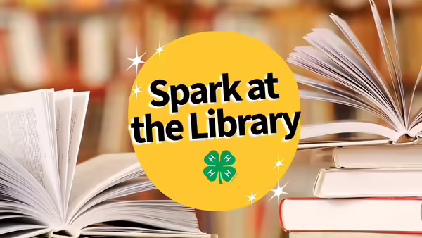 books stacked, two with pages flipped open, and text "spark at the Library" with sparkle icons and the 4-H clover logo