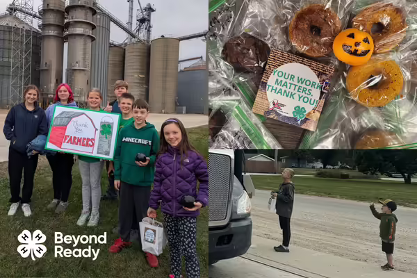 Collage featuring youth waving at a truck from the street, a group of 4-H members holding a sign that reads thank you farmers in front of a grain elevator, and a top down shot of some backed goods with a sticker that reads 'Your Work Matters Thank You'