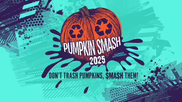 Pumpkin with recycling symbol for eyes. Pumpkin Smash 2025. Don't trash pumpkins, smash them