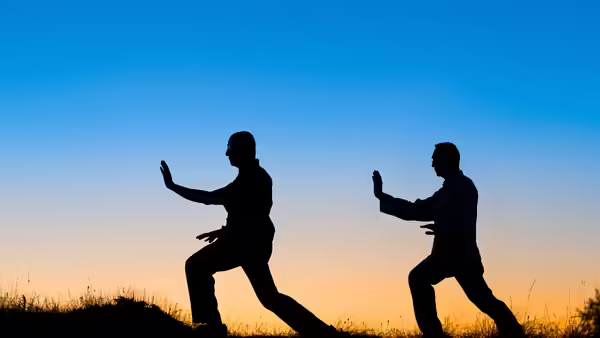 Silhouettes of two people doing tai chi
