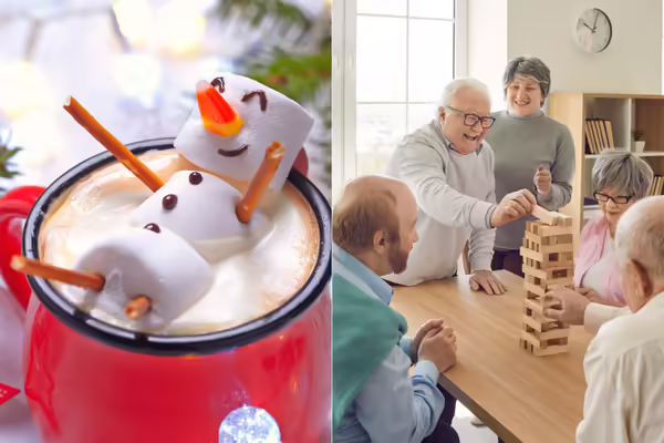 Split photo - Smiling marshmallow snowman floating in mug of cocoa and group of older adults playing Jenga