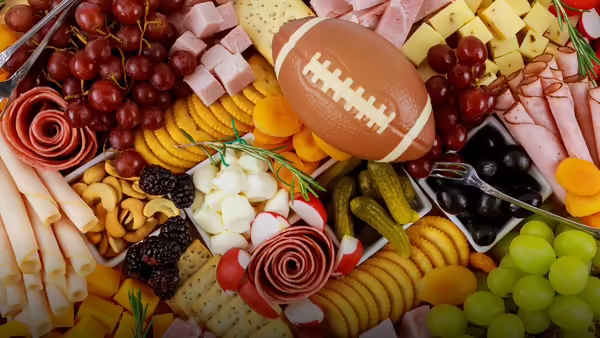 A charcuterie board featuring meats, cheeses, crackers, grapes, olives, and a football-shaped centerpiece.