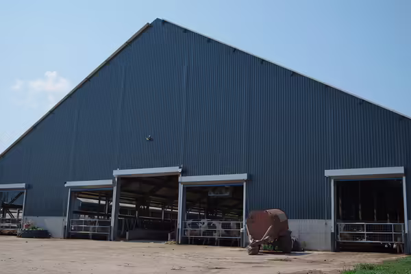 Looking at the front of a blue barn with dairy cows inside at a livestock facility
