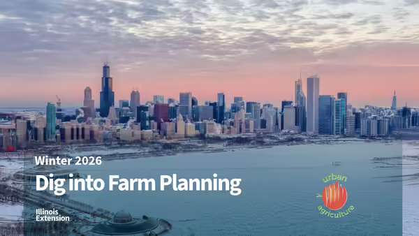 Skyline of Chicago with Dig into Farm Planning superimposed