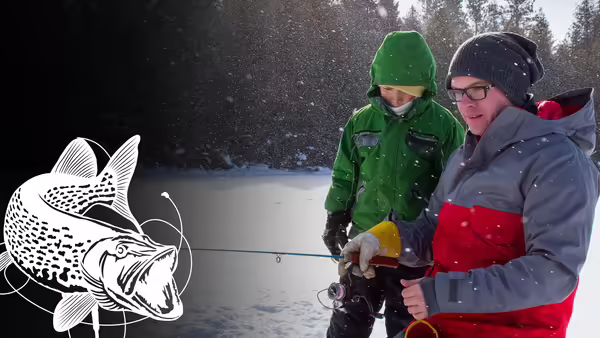 a white fish graphic overlaid on a picture of two men ice fishing