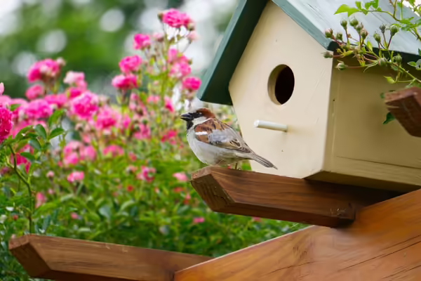 Small bird standing by birdhouse in a garden. 