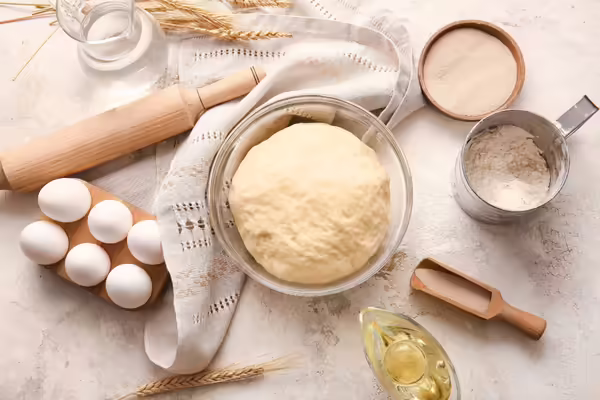fresh dough, eggs, baking utensils on light background