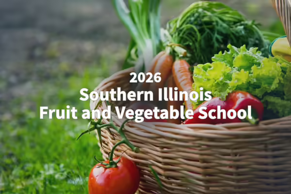 A basket of fresh vegetables with the words 2026 Southern Illinois Fruit and Vegetable School.