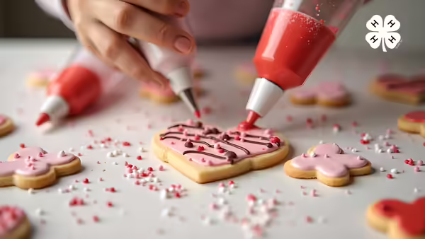A person's hands use piping bags to a decorate heart shaped cookie. A white 4-H clover logo is in the top right corner.