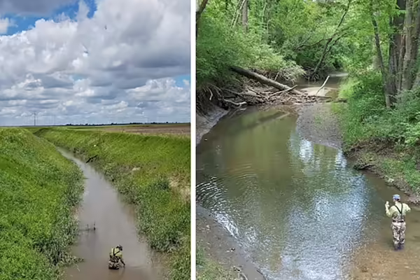 Two photos one of a creek with grass on the banks the other a wide stream with trees along it