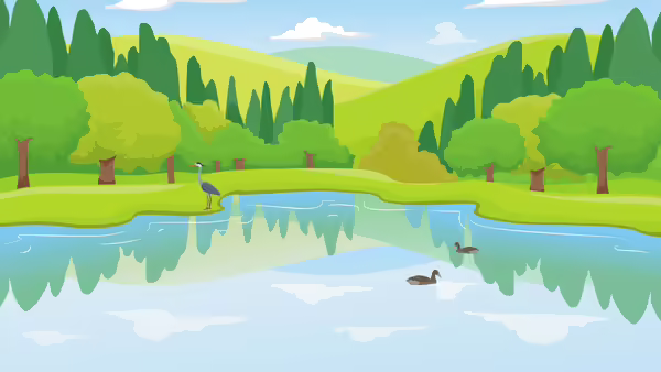 Duck swimming in a pond next to a Crane and wooden forest.