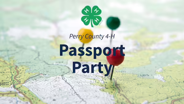 A map with a red, green, and yellow pins with "Perry County 4-H Passport Party."