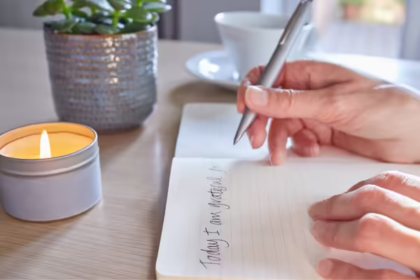 Person journaling in a notebook on a table by a candle