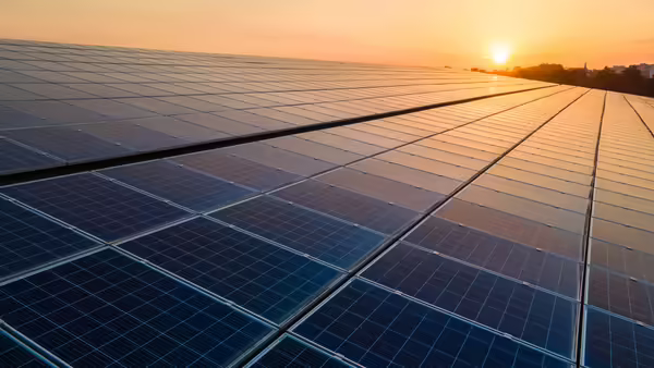 An expansive array of solar panels stretches across the frame at sunset, their dark blue photovoltaic cells arranged in neat rows.