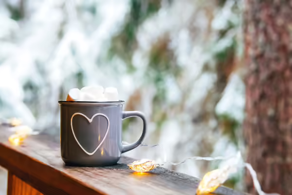A mug of cocoa with marshmallows outside on a wood railing 