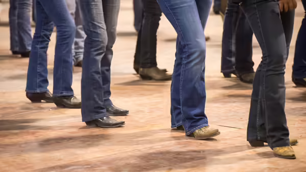 photo of individuals jeans and boots, presumably line dancing