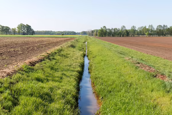 A stream running through farm fields