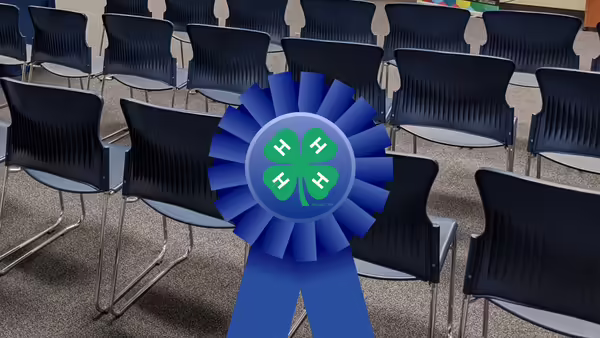 4-H clover on a blue ribbon in front of rows of chairs