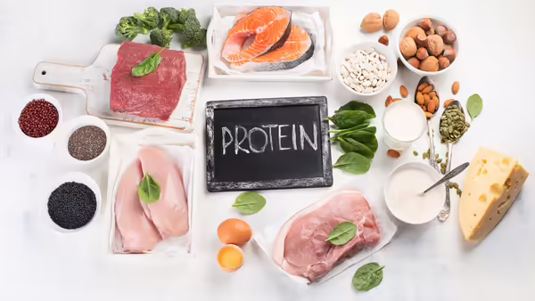 A variety of high‑protein foods arranged on a white surface and a small chalkboard in the center displays the word ‘PROTEIN.