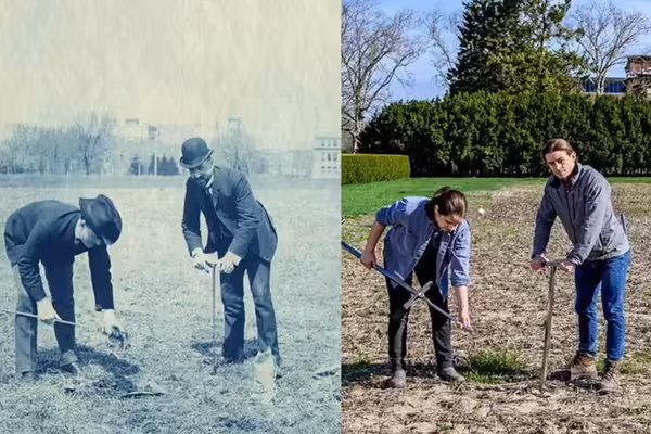 A side-by-side recreation of people 150 years apart posing the same at the Morrow Plots