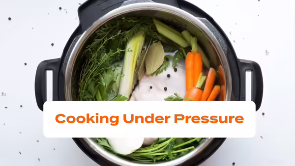 Cooking Under Pressure text layered over an instant pot pressure cooker filled with vegetables