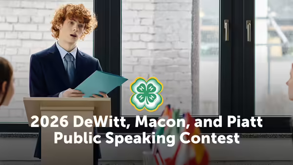 2026 Dewitt, Macon, Piatt Public Speaking Contest text over laying a picture of a youth male behind a podium