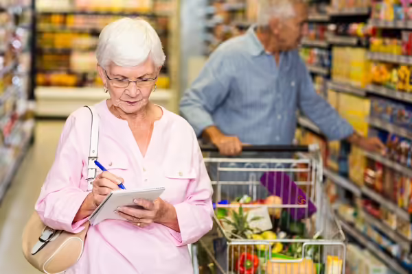 older couple shopping for groceries using a list