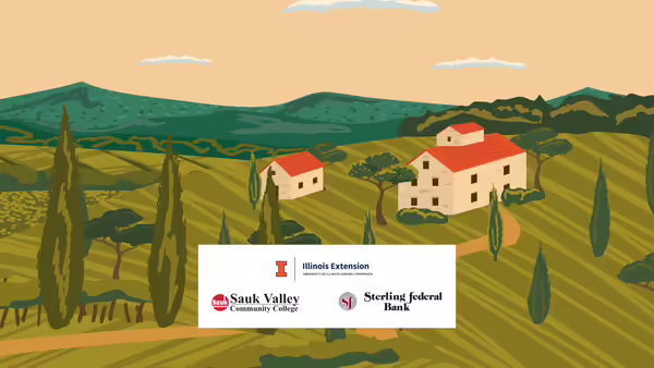 A lane leads to a drawn farmstead in the hills. A white box with sponsor logos overlays the drawing. 
