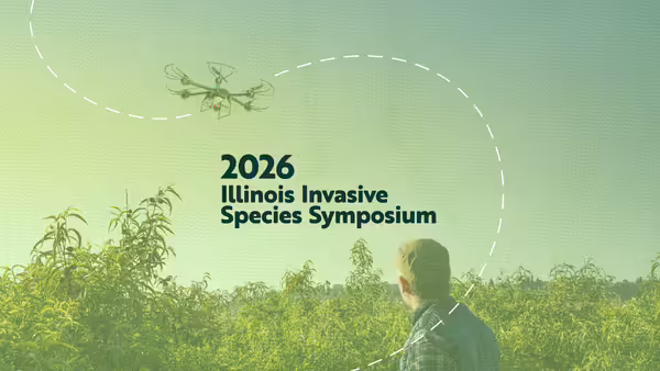 Program title and a photo of a person flying a drone over shrubs