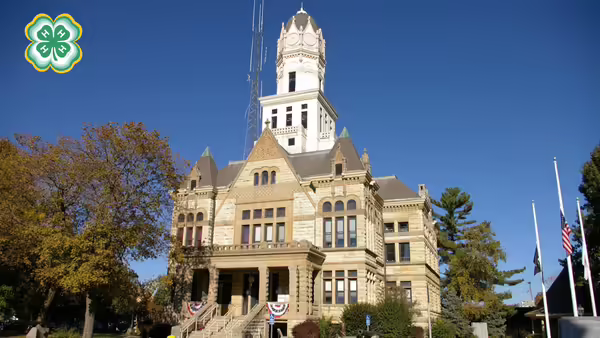 Jersey County Courthouse in Jerseyville. A green 4-H clover in upper left corner.