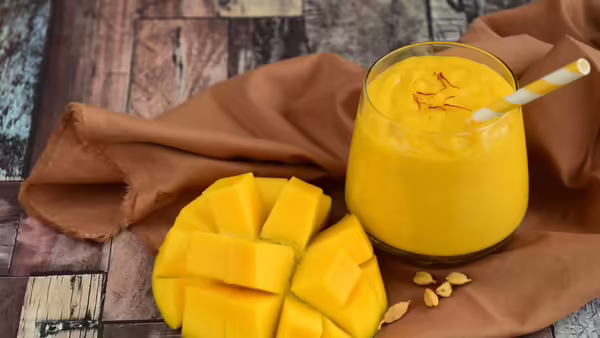 A glass of mango lassi next to a cut mango 