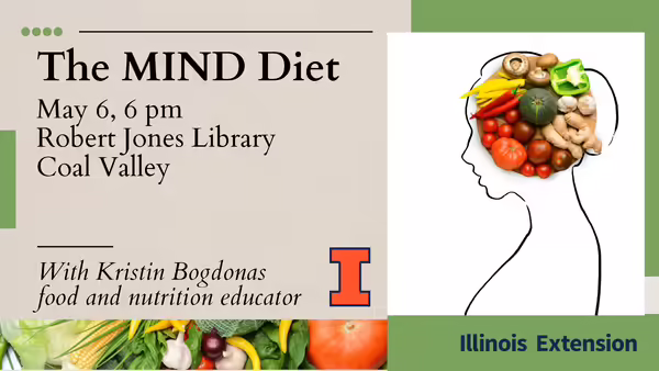 Line drawing of a woman's head with a colorful bowl of nutrient rich foods in the brain