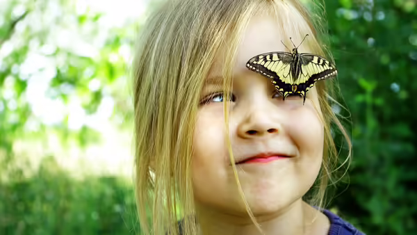 A little Caucasian girl with a yellow and black moth on her face. 