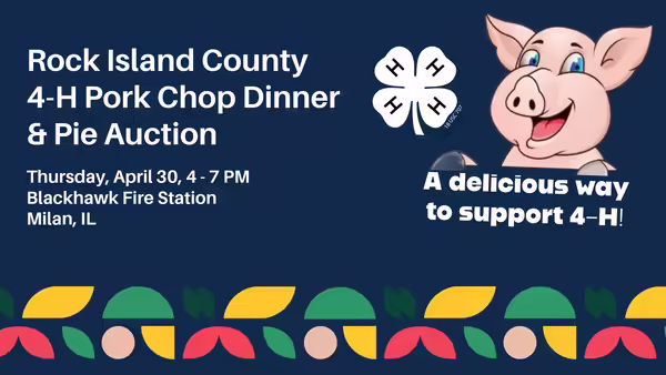pork chop dinner details with cartoon pig and 4-H clover