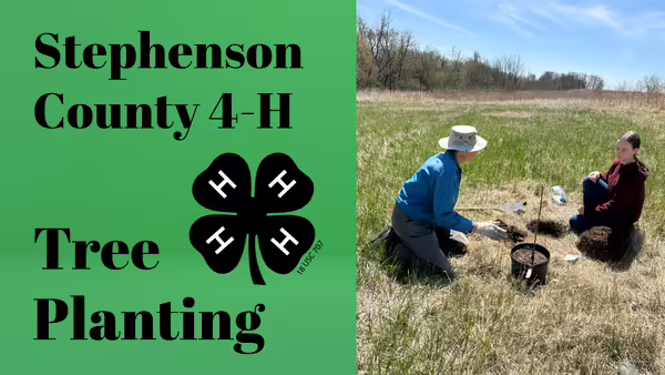 green background, on right side is a pic of an adult and youth planting a tree