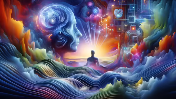 A person meditating in a dream world created by waves and other organic objects.