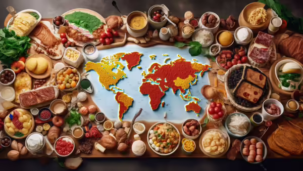 Overhead view of a world map at the center of a table, surrounded by a wide variety of international foods.