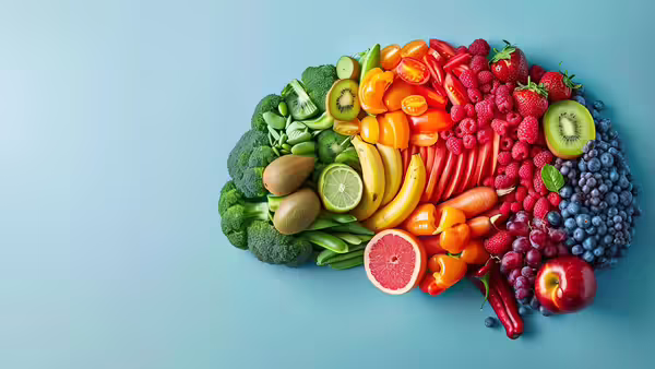 Fruit and vegetables in rainbow colored shaped like a brain