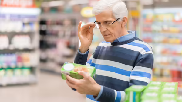A man reading a label on the back of a box in the grocery store.