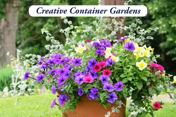 Large flowerpot with mixed annual flowers