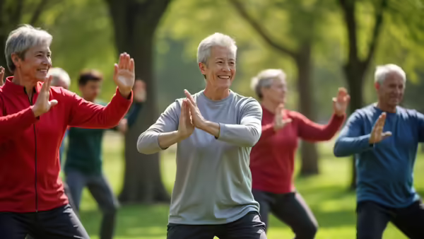 A group of older adults in the park practicing Tai Chi.