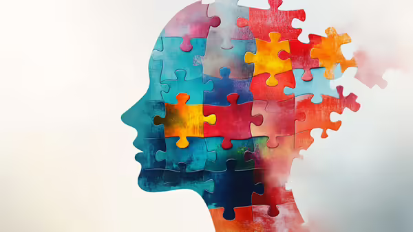 A profile of a face made up of different colored puzzle pieces.