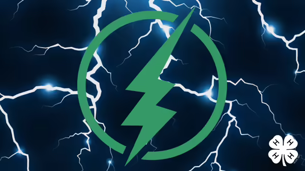 A green lightning bolt inside a green circle set against a background of blue and white electrical strikes, with a white 4-H logo in the bottom right corner.