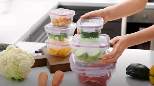 A person's hands stacking clear plastic containers filled with various chopped fresh vegetables, such as peppers, broccoli, and peas, on a kitchen counter.