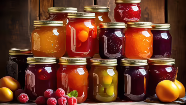 Glass jars filled with colorful fruit jams, jellies, and preserves, surrounded by fresh raspberries and citrus fruits against a rustic wooden background.