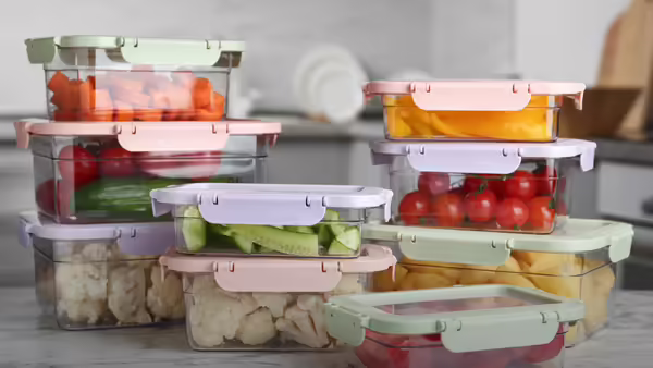 Various types of vegetables in food storage containers.