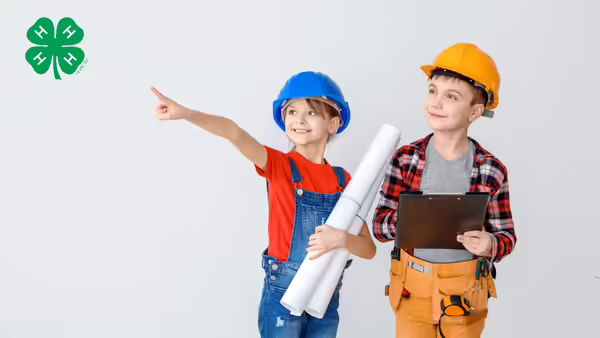 Children wearing hard hats and tool belts posing as construction workers. The 4-H logo is in the top left corner.